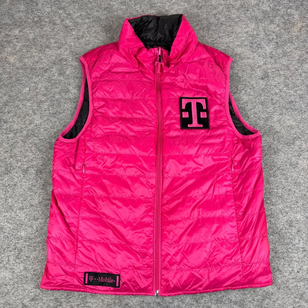 T Mobile Reversible Puffer Vest Full Zip Polyester Pink Black Mens XS